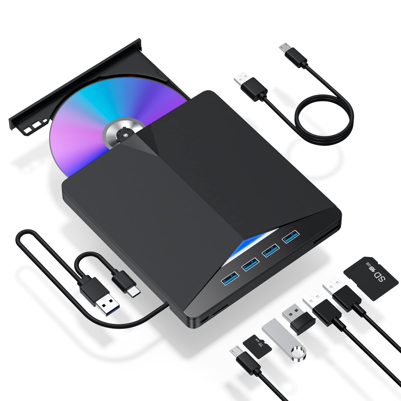 External Cd/Dvd Drive For Laptop, 7 In 1 Usb 3.0 Dvd Player Portable Cd/Dvd Burner, Cd Rom External Dvd Drive For Laptop Compati